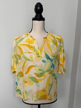 RACHEL Rachel Roy Yellow and Green Floral Split-Neck Blouse